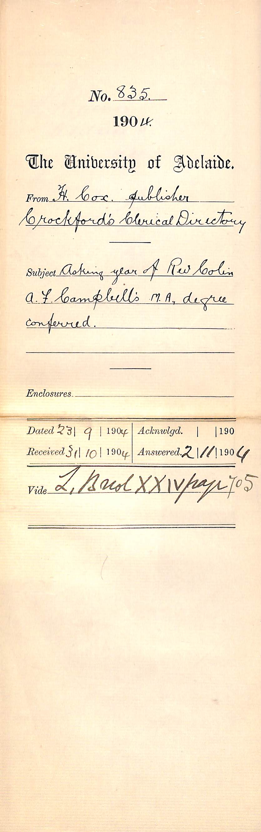 Asking year of Rev Colin A F Campbells M A degree conferred