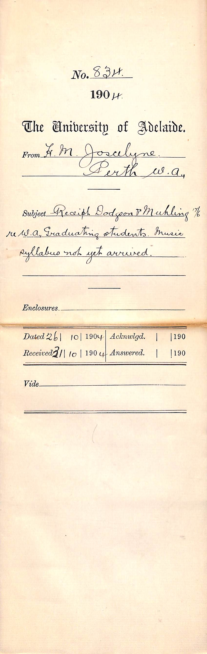 Receipt Dogson and Muhling 17-6 re W A Graduating students Music Syllabus not yet arrived