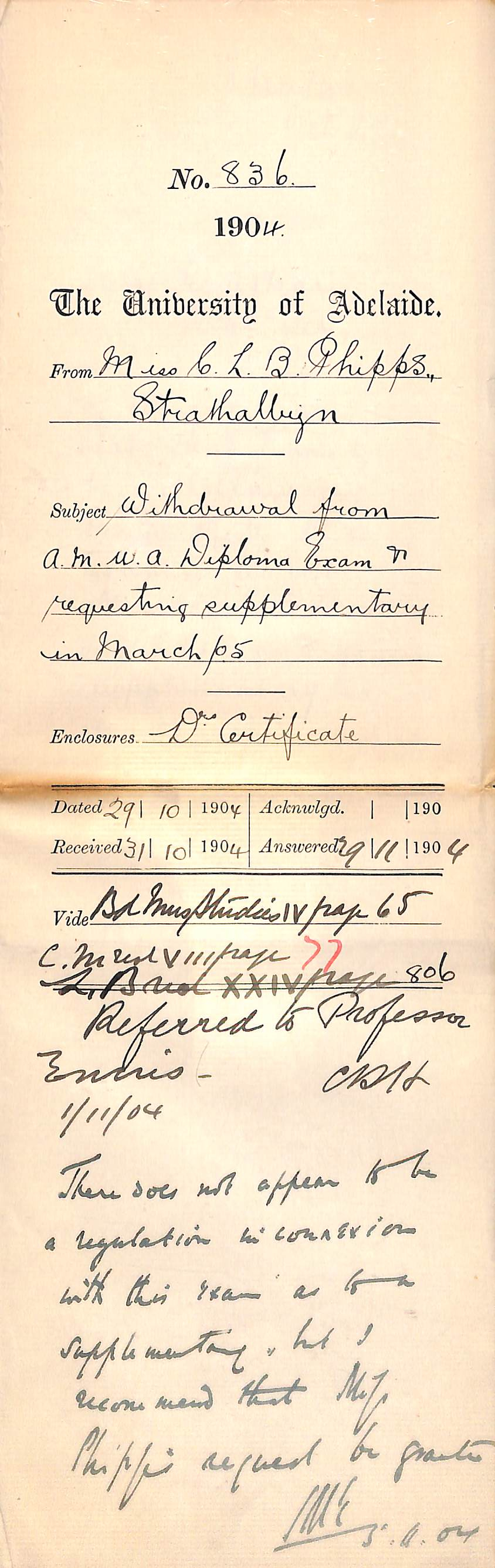 Withdrawal from A M U A Diploma Exam and requesting Supplementary in March 1905