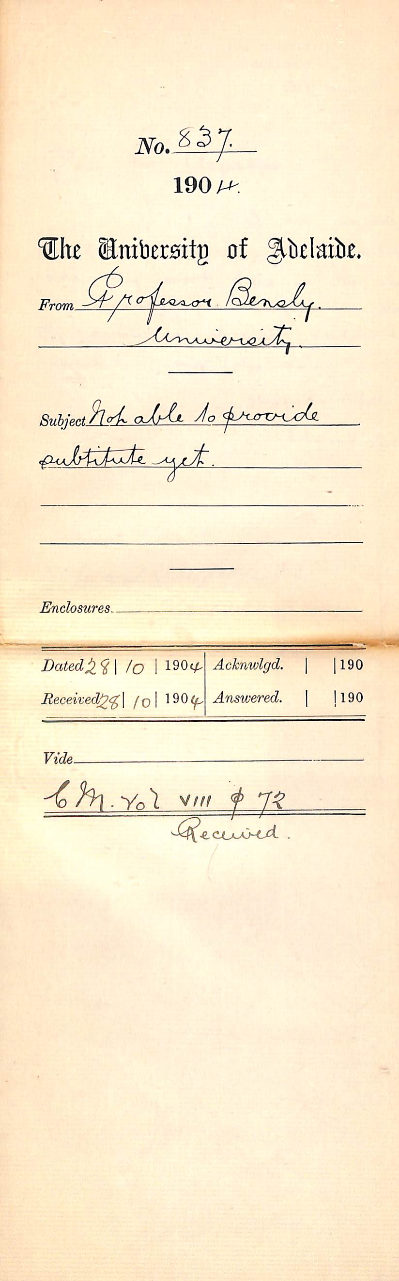 Not able to provide substitute yet