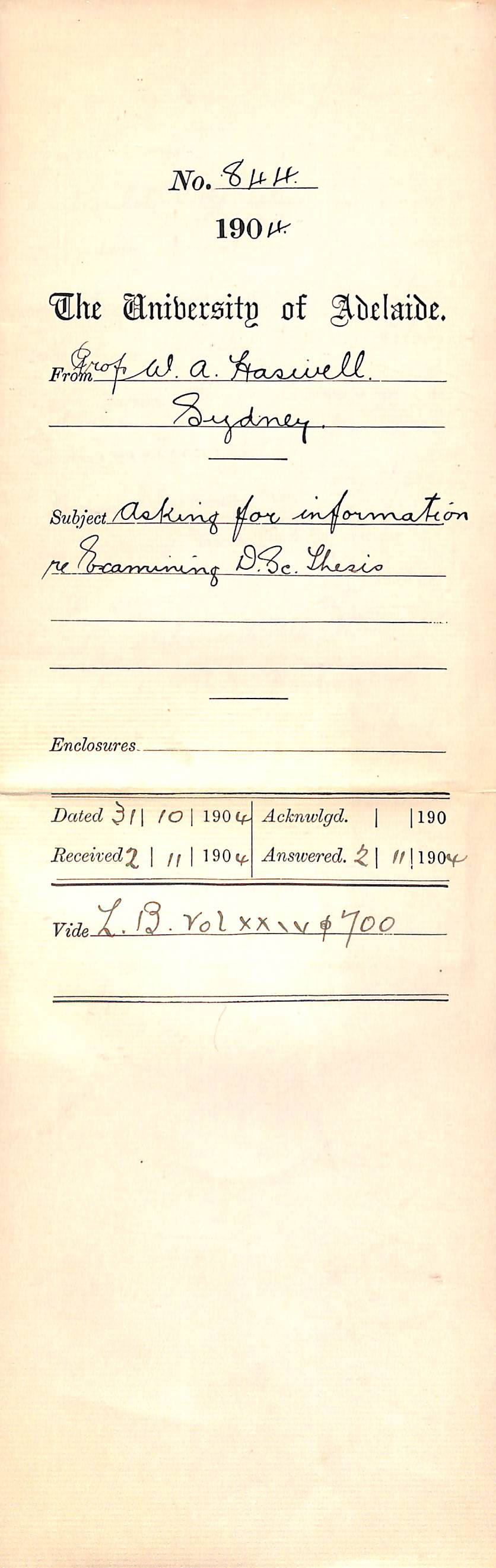 Asking for information re Examining D Sc Thesis