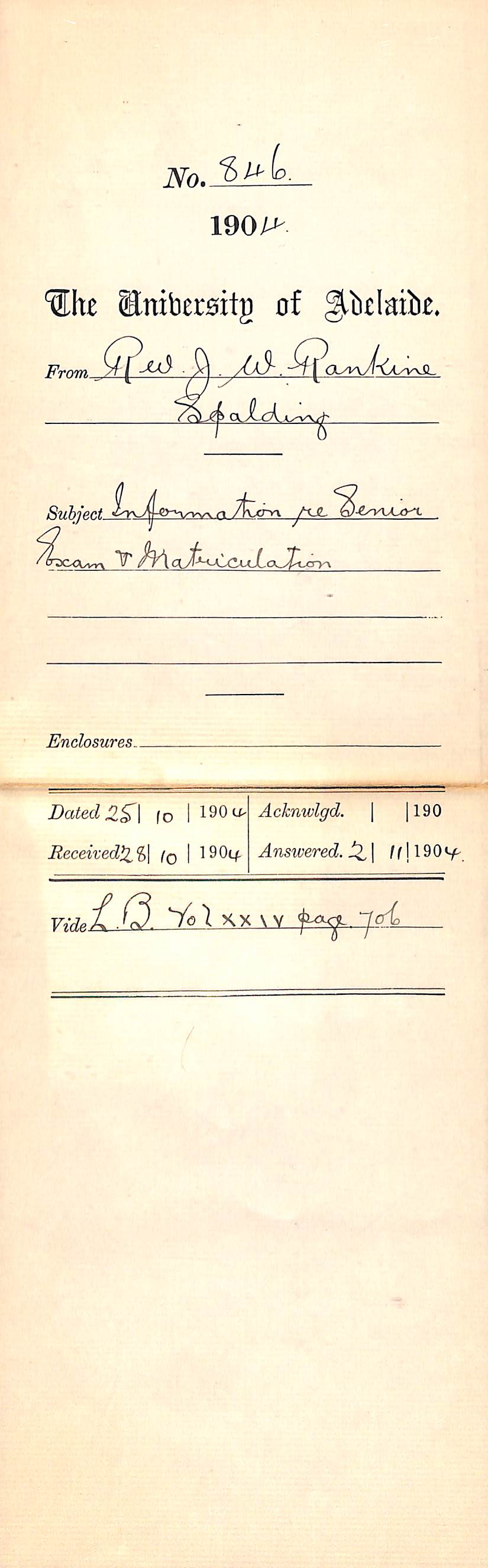 Information re Senior Exam and Matriculation