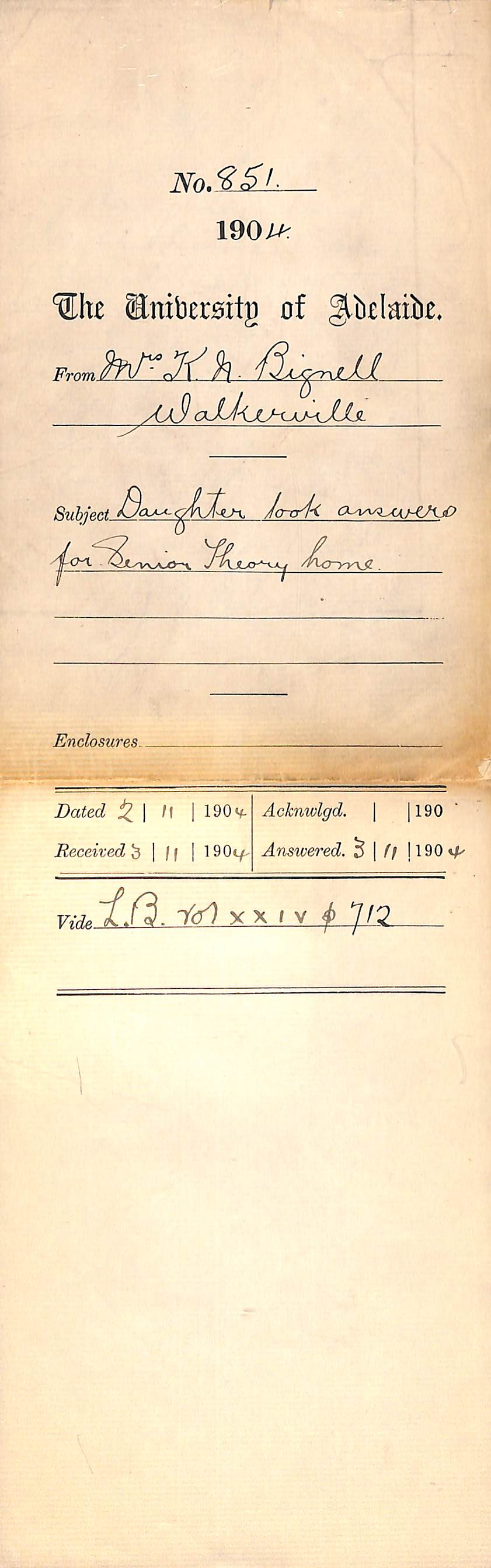 Daughter Catherine May Bignell took answers for Senior Theory home