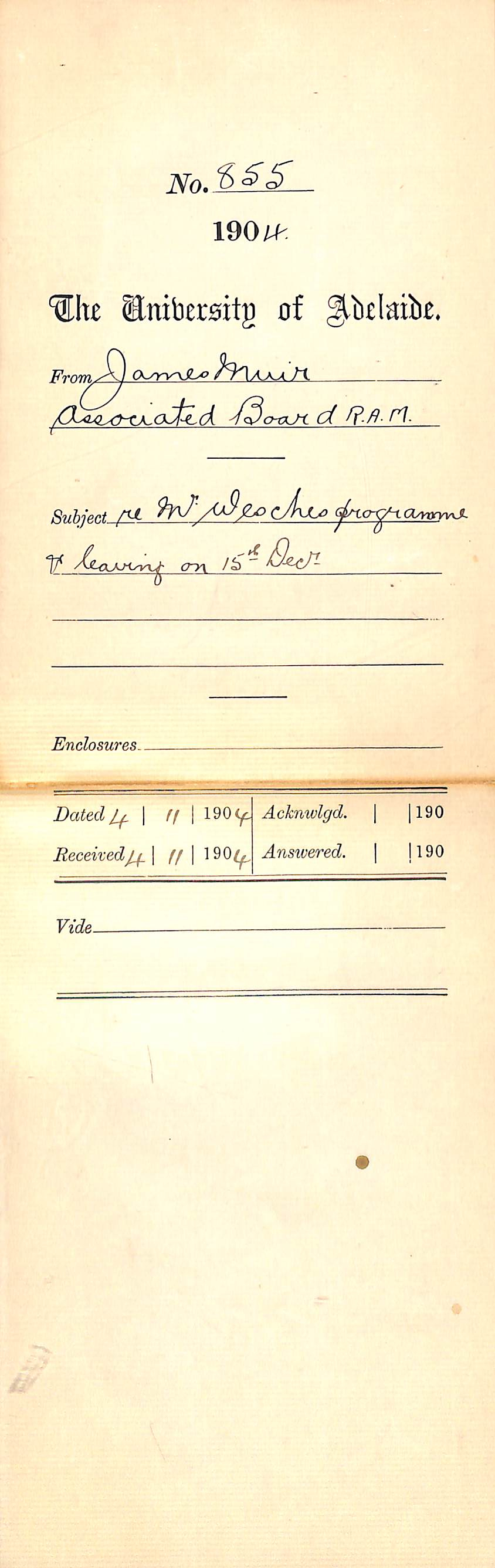 Re Mr Wesches programme and leaving 15th December