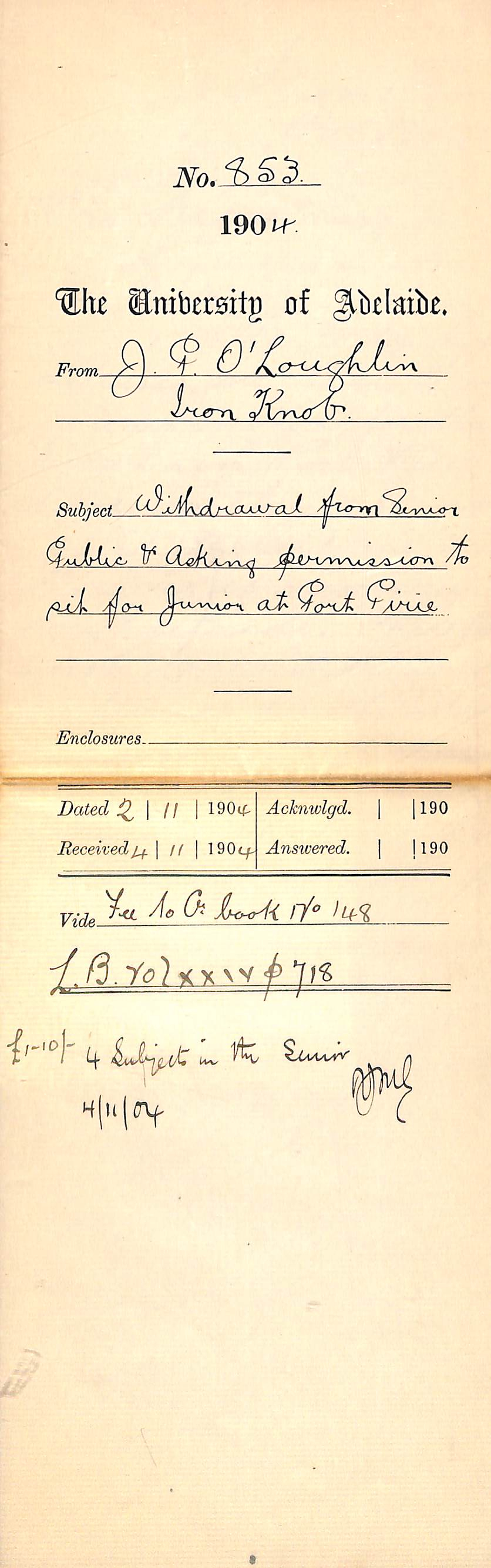 Withdrawal from Senior Public and Asking permission to sit for Junior at Port Pirie