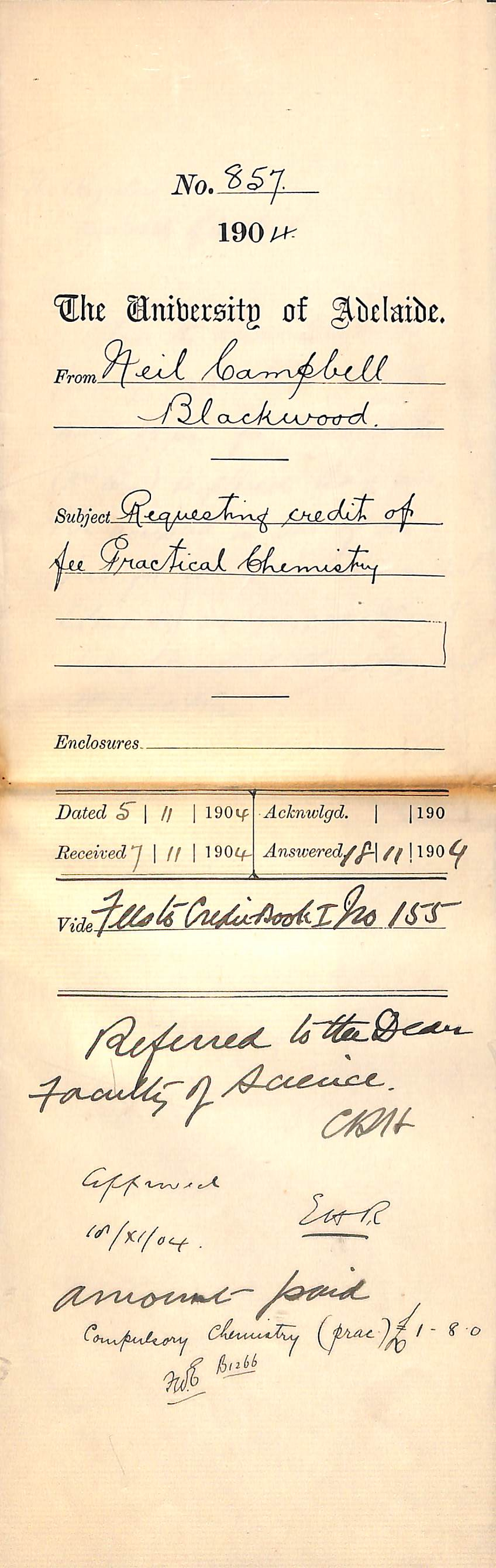 Requesting credit of fee Practical Chemistry