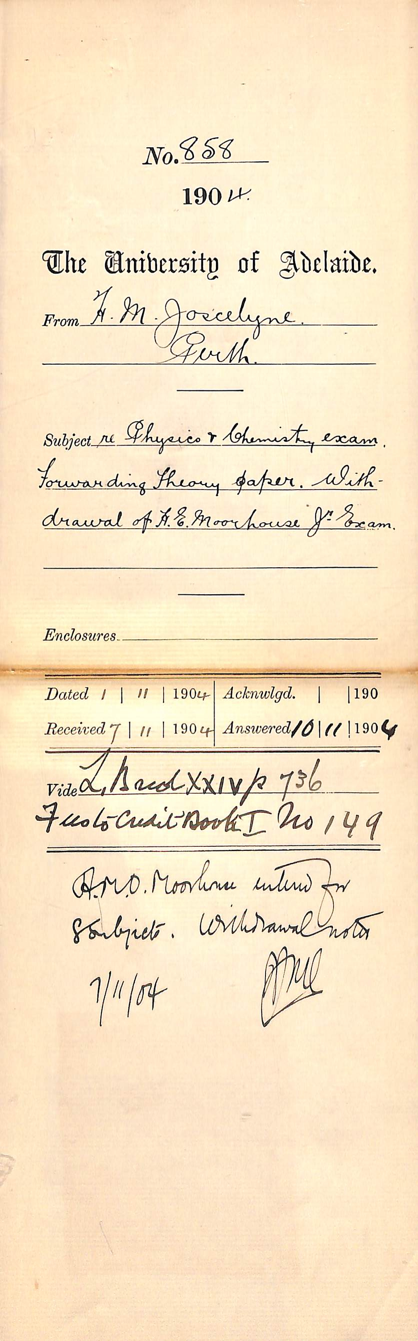 Physics &amp; Chemistry Exams Forwarding Paper Withdrawal of H E Moorhouse Junior Exam