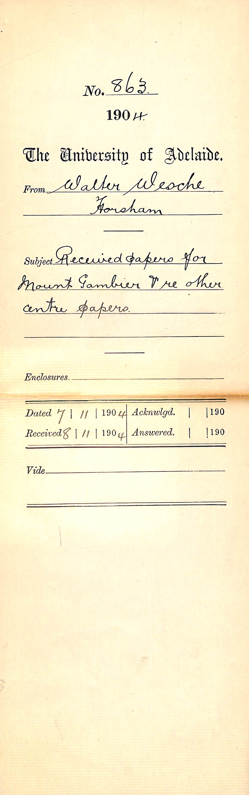 Received Papers for Mount Gambier and re other Centre Papers