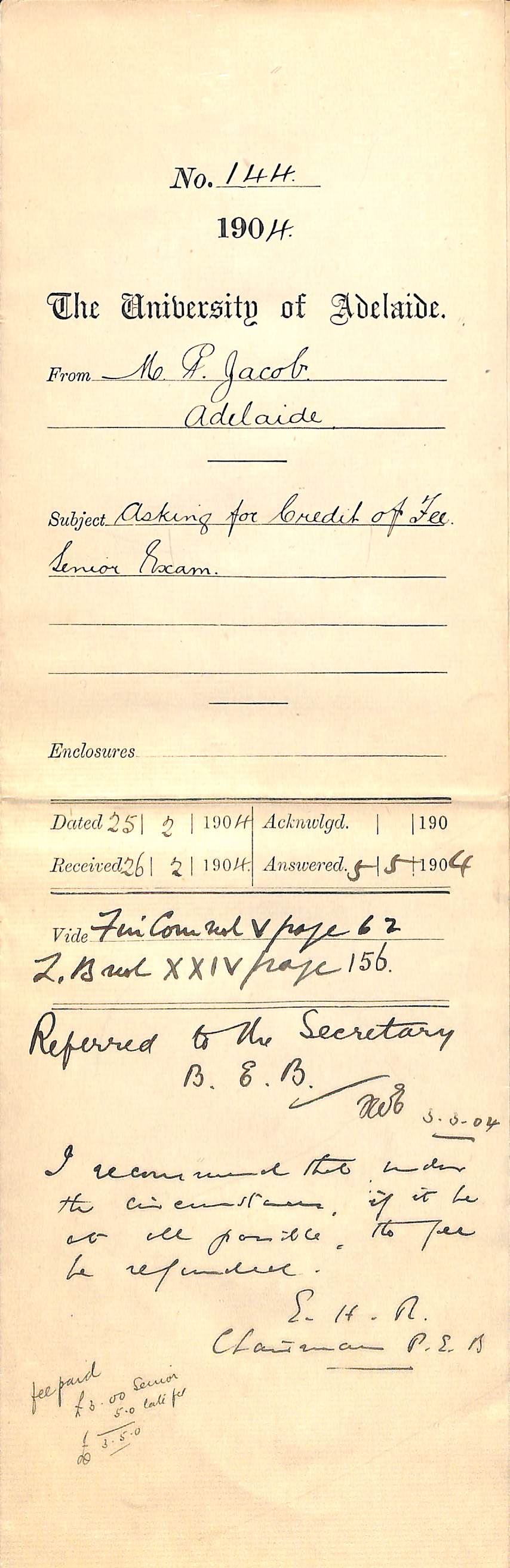 Asking for credit of fee Senior Exam