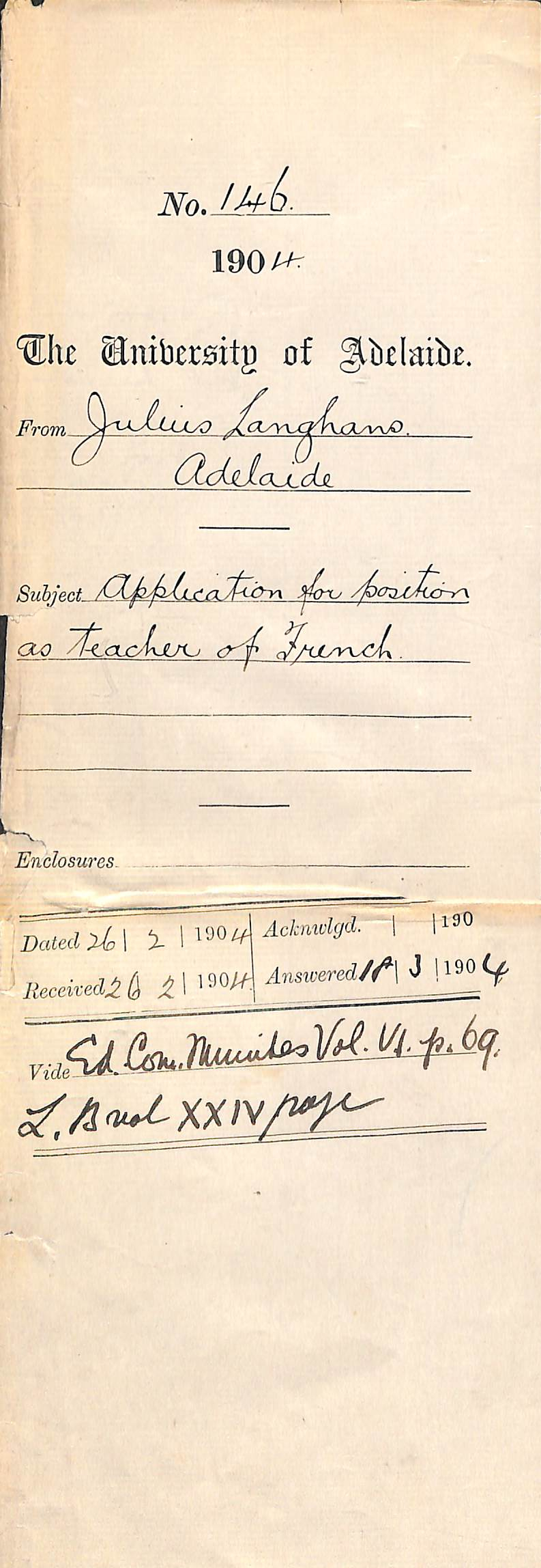 Application for position as teacher of French