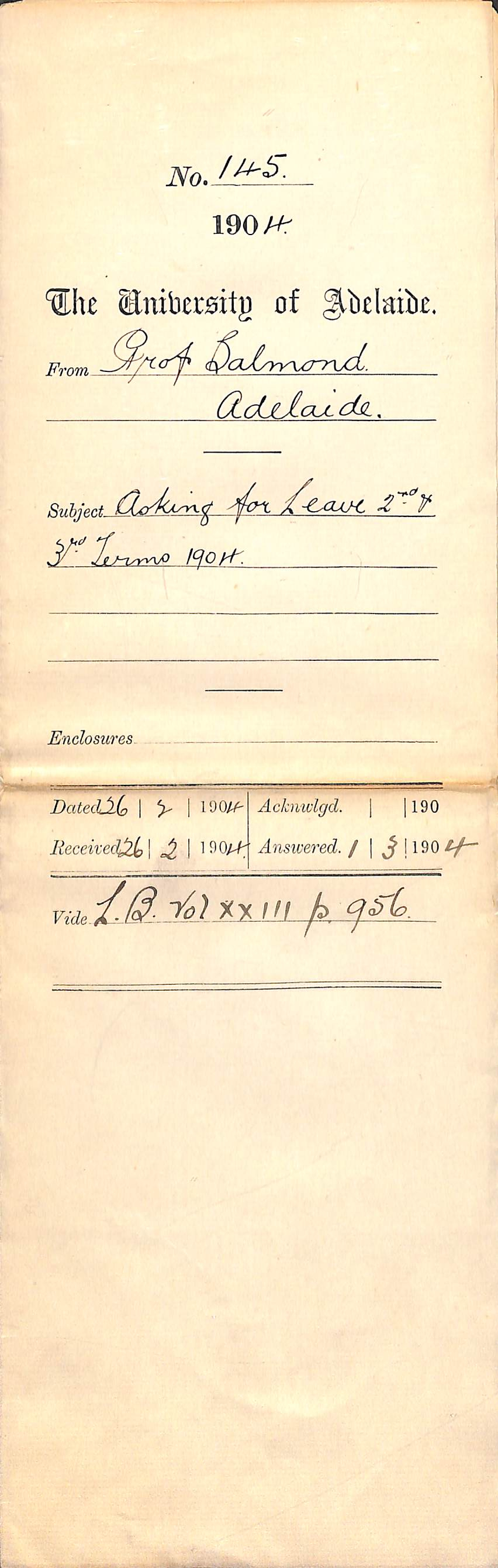 Asking for leave of absence for 2nd &amp; 3rd terms 1904