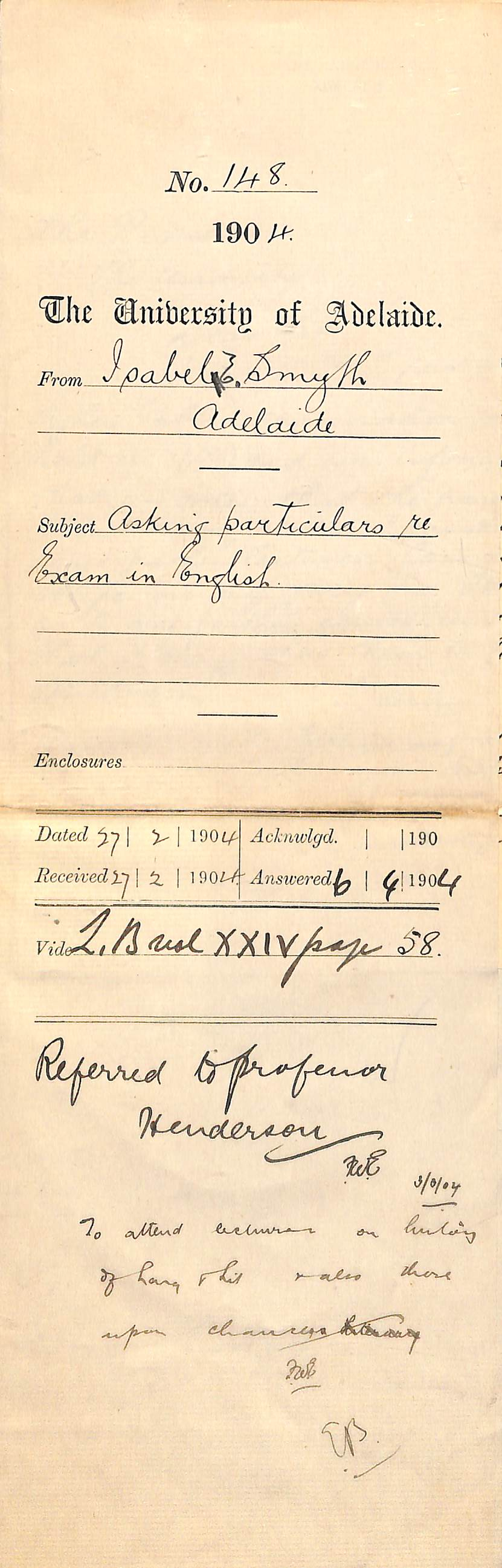 Asking particulars re Exam in English