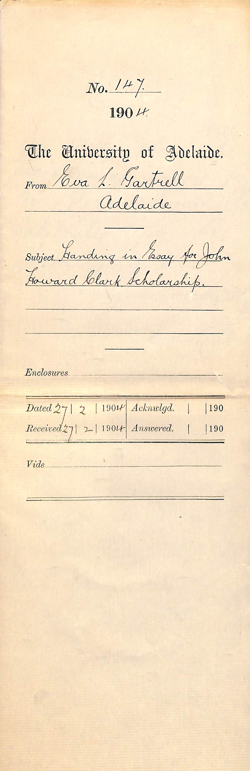 Handing in essay for John Howard Clark Scholarship