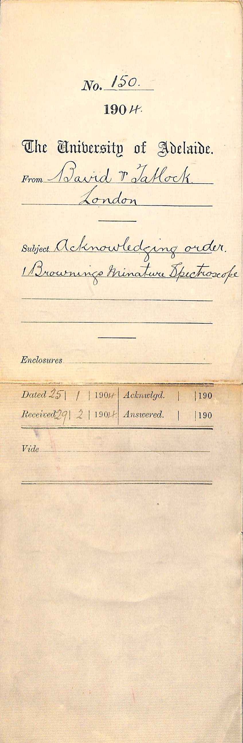 Acknowledging order for 1 Browning's Miniature Spectroscope