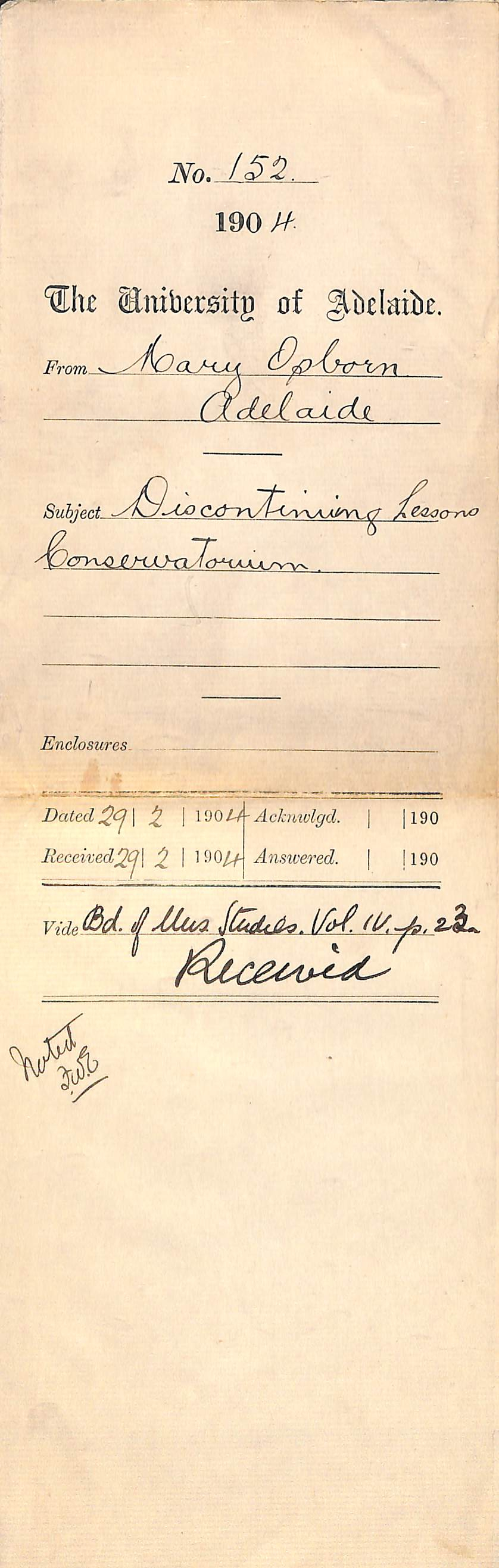 Discontinuing lessons at the Conservatorium - Osborn