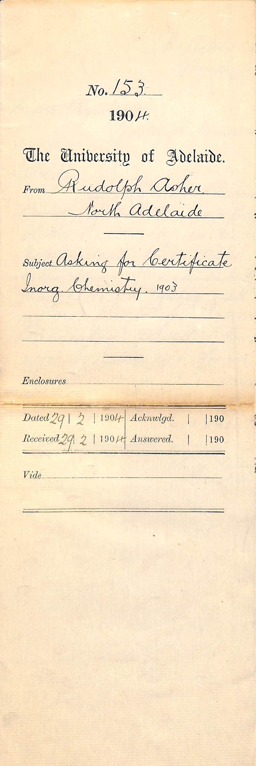 Asking for Inorganic Chemistry Certificate (passed in 1903)