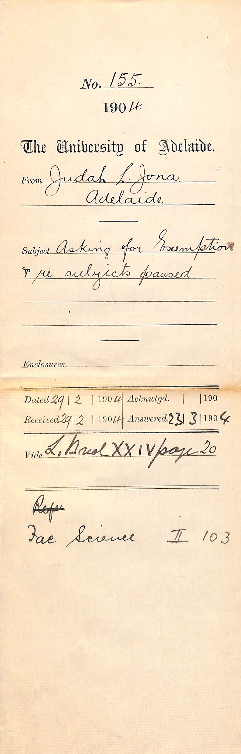 Asking for exemption and re subjects passed