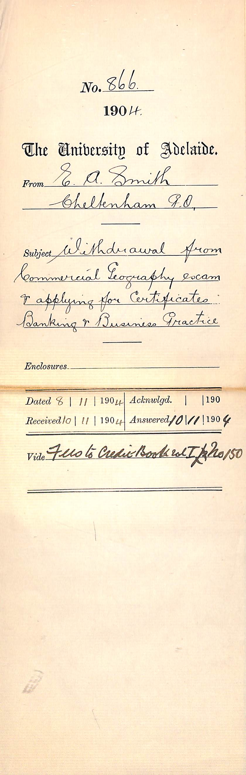 Withdrawal from Commercial Geography Exam - Applying for Certificates Banking and Business