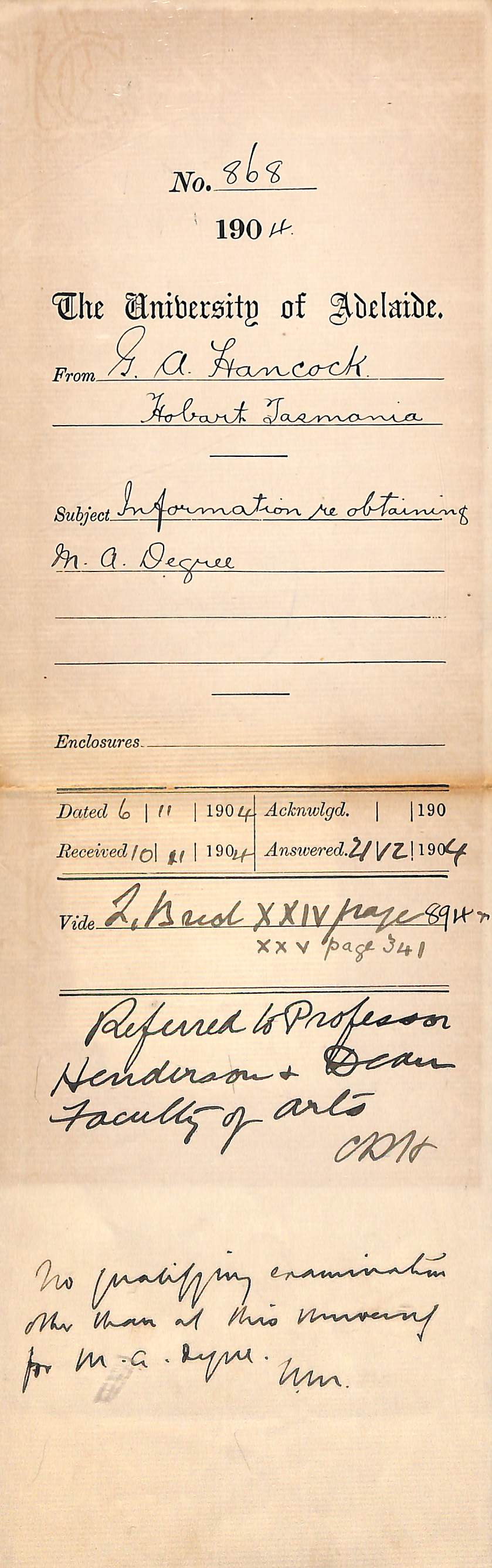 Information re obtaining M A Degree