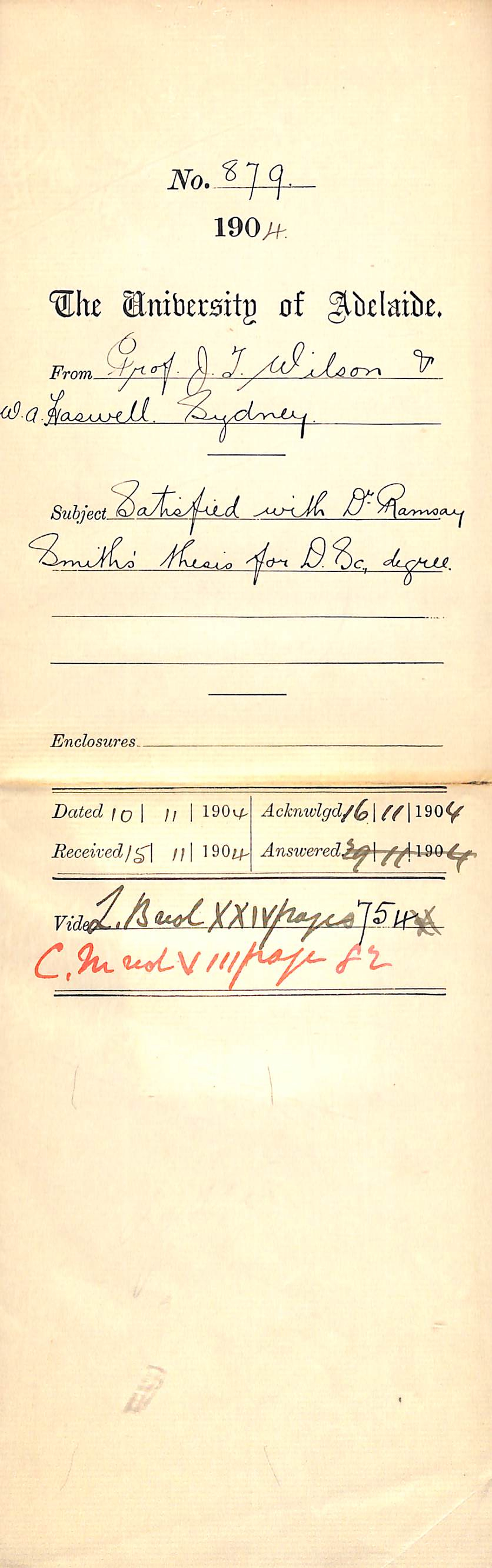 Satisfied with Dr Ramsay Smith's Thesis for DSc Degree