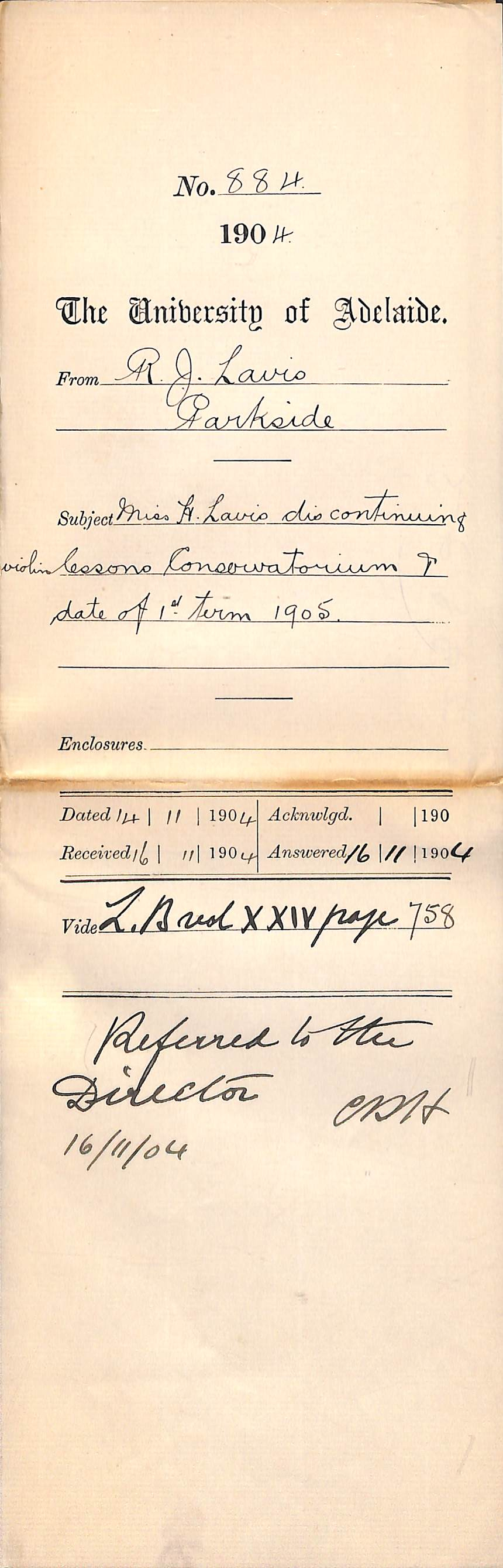 Miss Hilda Lavis discontinuing Violin Lessons Conservatorium and Date of 1st Term 1905