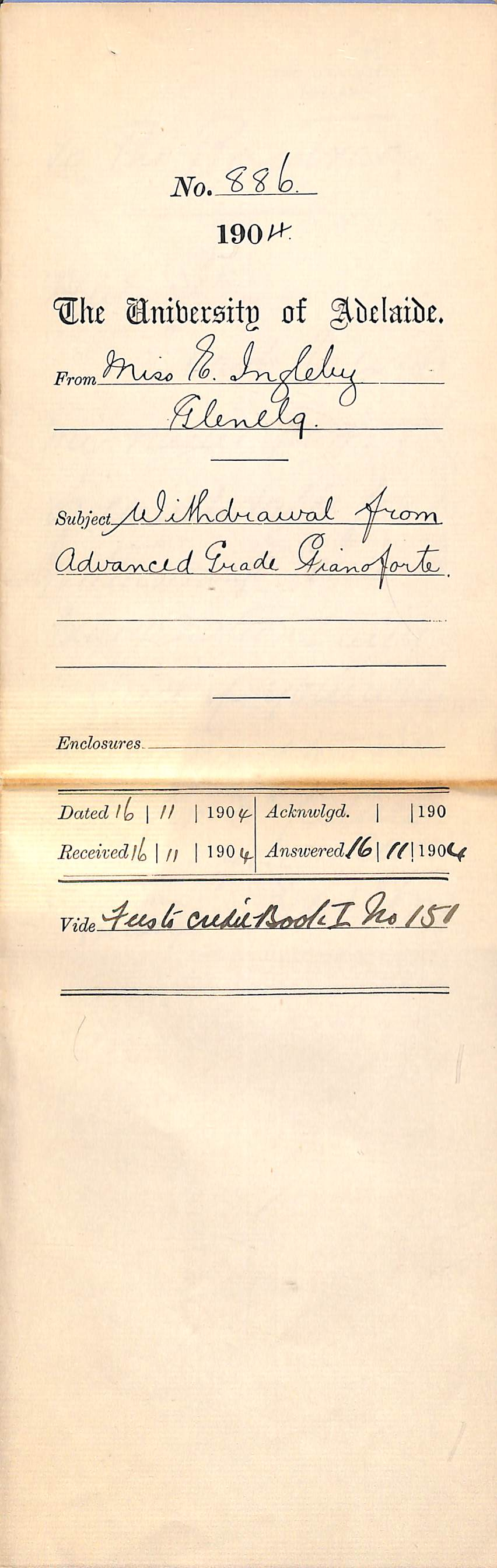 Withdrawal from Advanced Grade Pianoforte