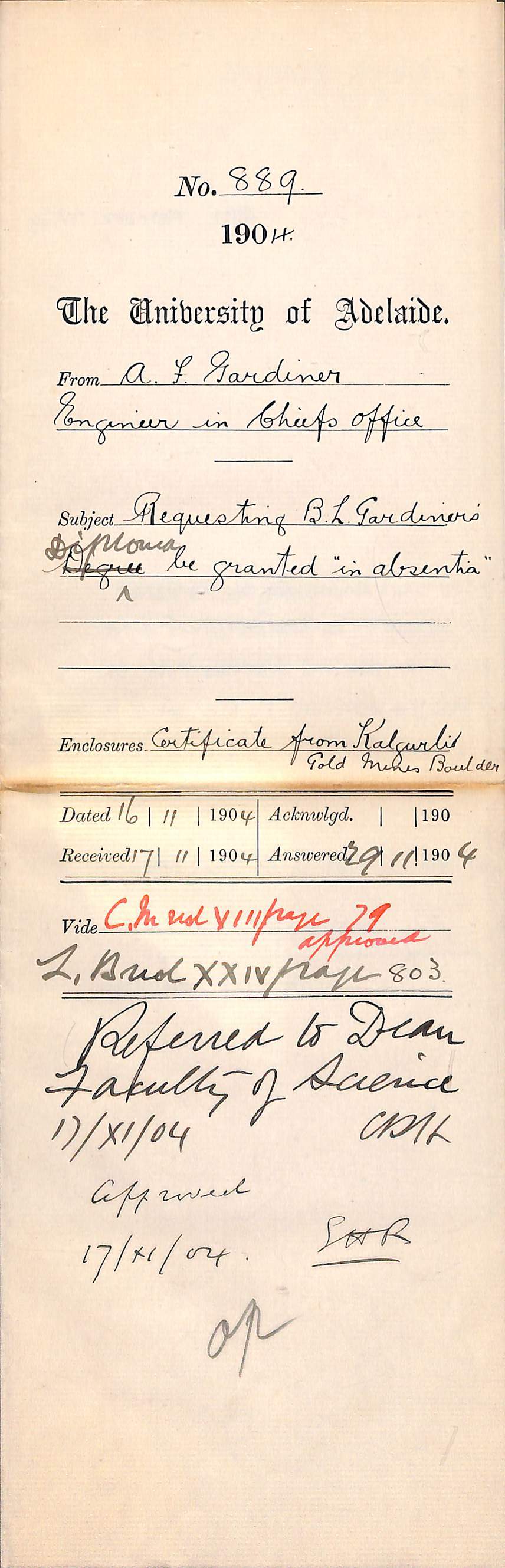 Requesting Beauchamp Lennox Gardiner Diploma be granted in absentia