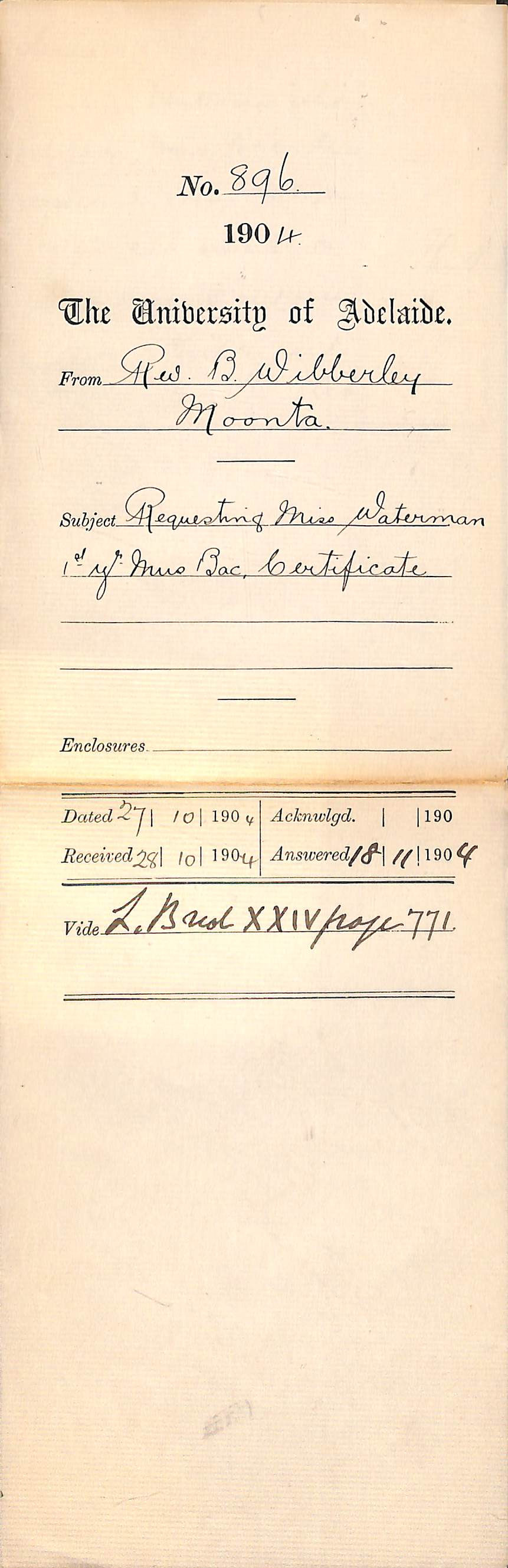 Requesting Miss Waterman 1st Year Mus Bac Certificate