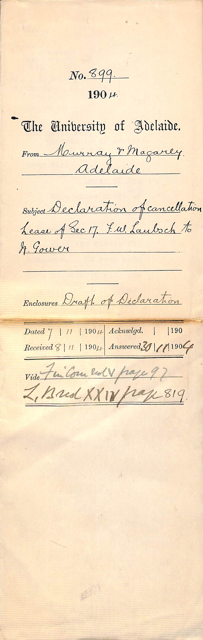 Declaration of cancellation Lease of Section 17 F W Laubsch to N Gower