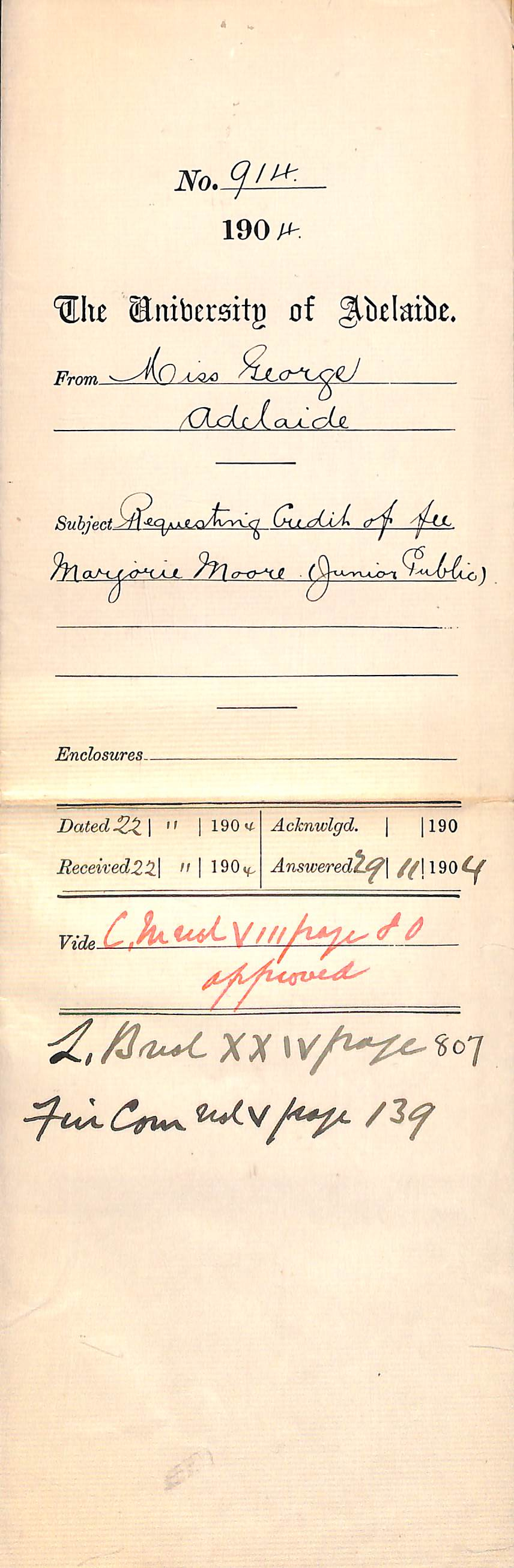 Requesting Credit of Fee Marjorie Moore Junior Public