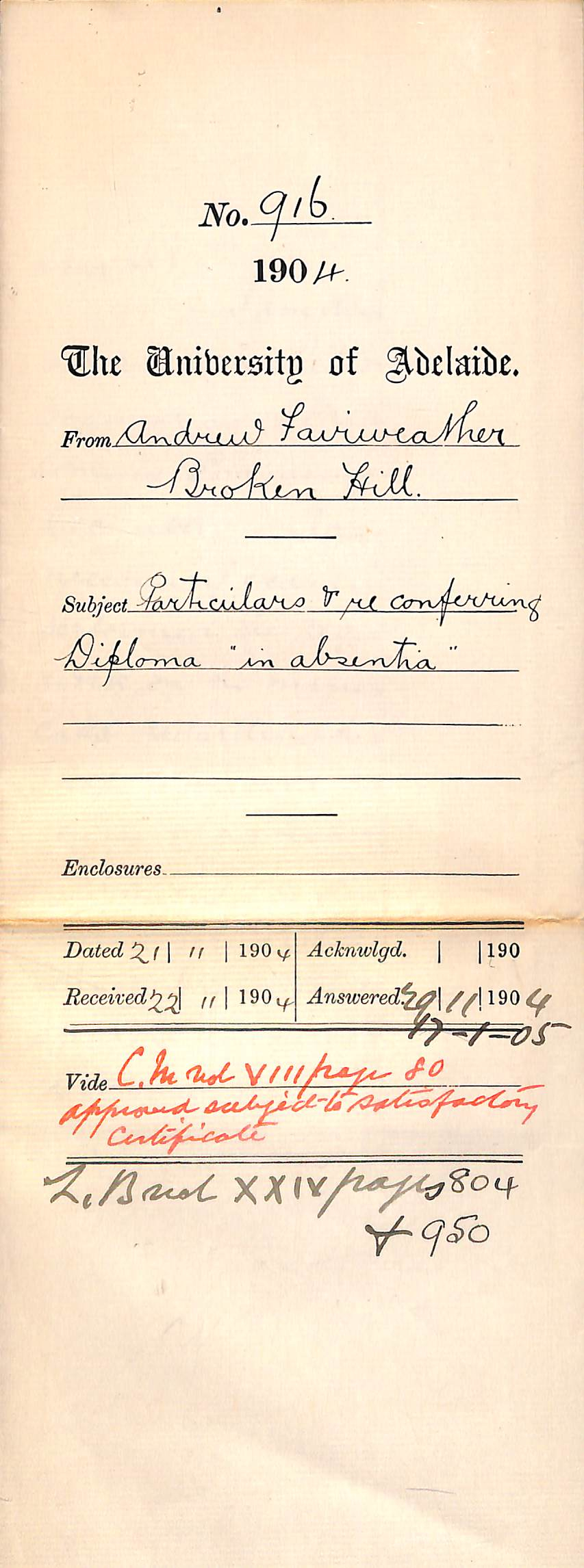 Particulars and re conferring Diploma in absentia