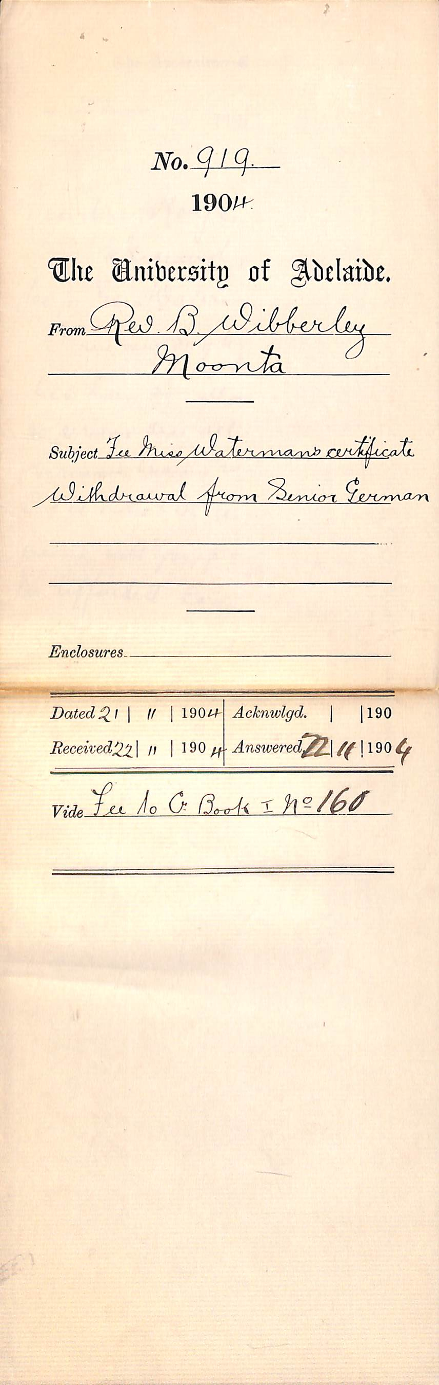 Fee Miss Watermans Certificate Withdrawal from Senior German