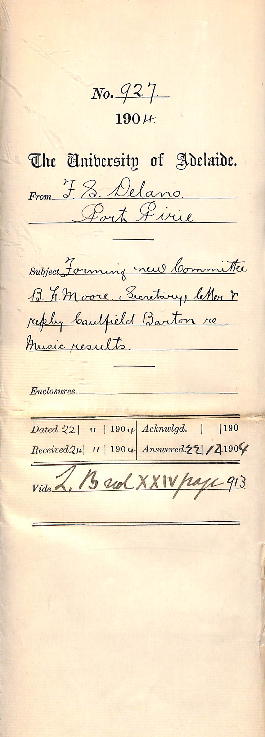 Forming new Committee B H Moore Secretary Letter and Reply Caulfield Barton re Music results