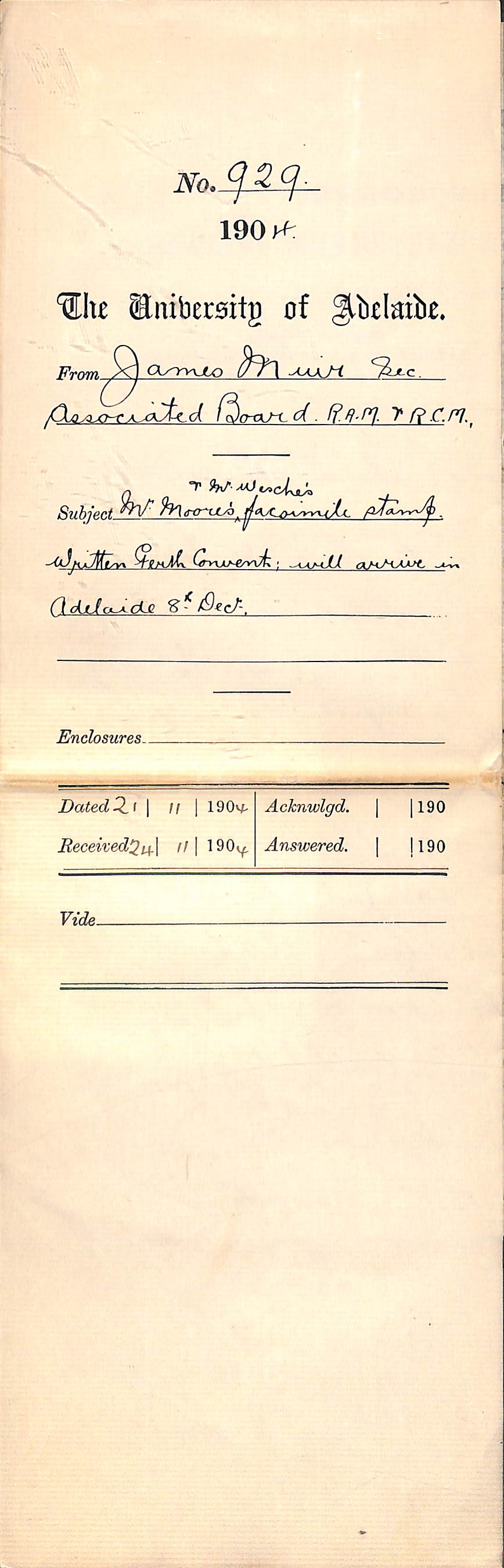 Mr Moores and Mr Wesches facsimile stamp Written Perth Convent Will arrive