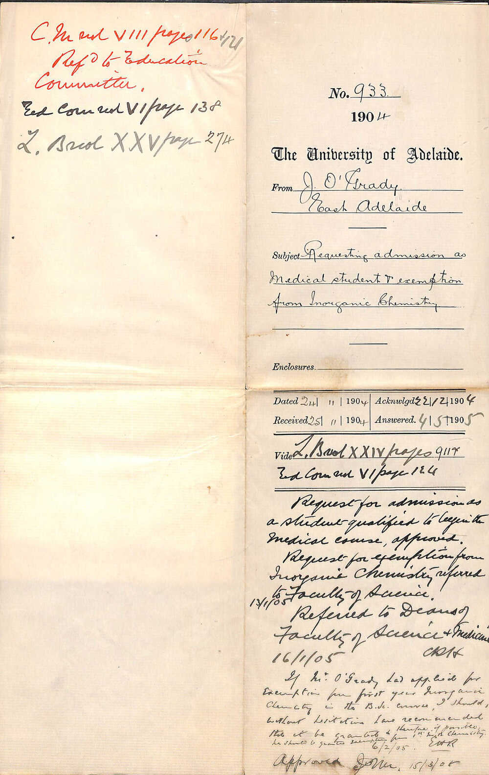 Requesting admission as Medical Student and Exemption from Inorganic Chemistry