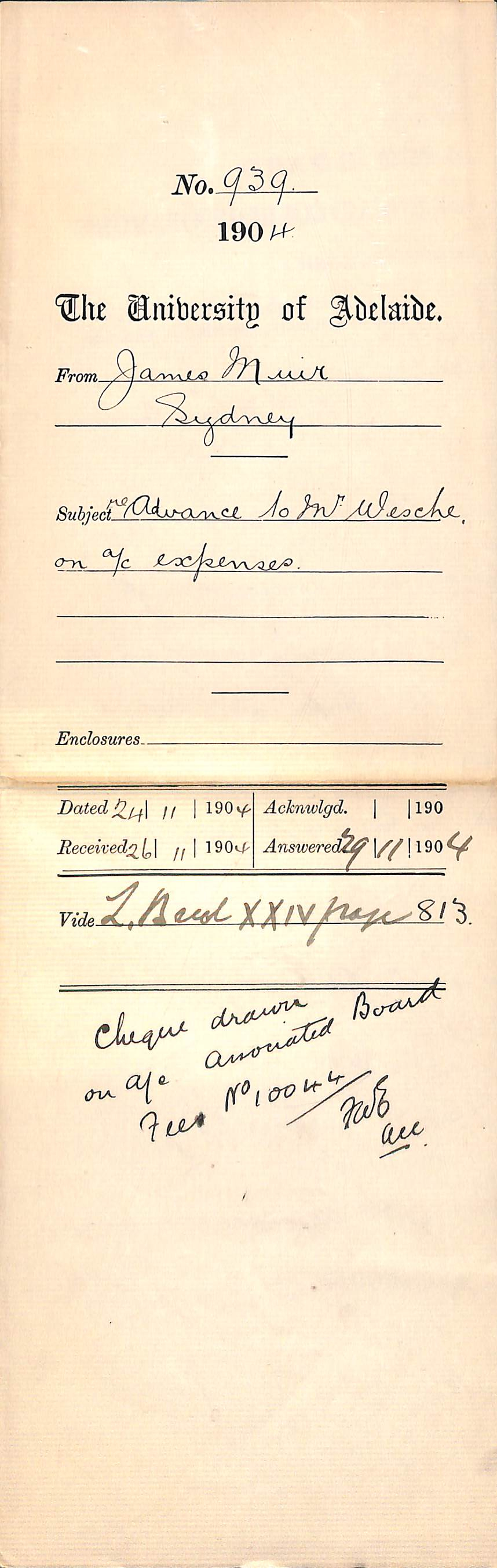 Re Advance to Mr Wesche on Account Expenses