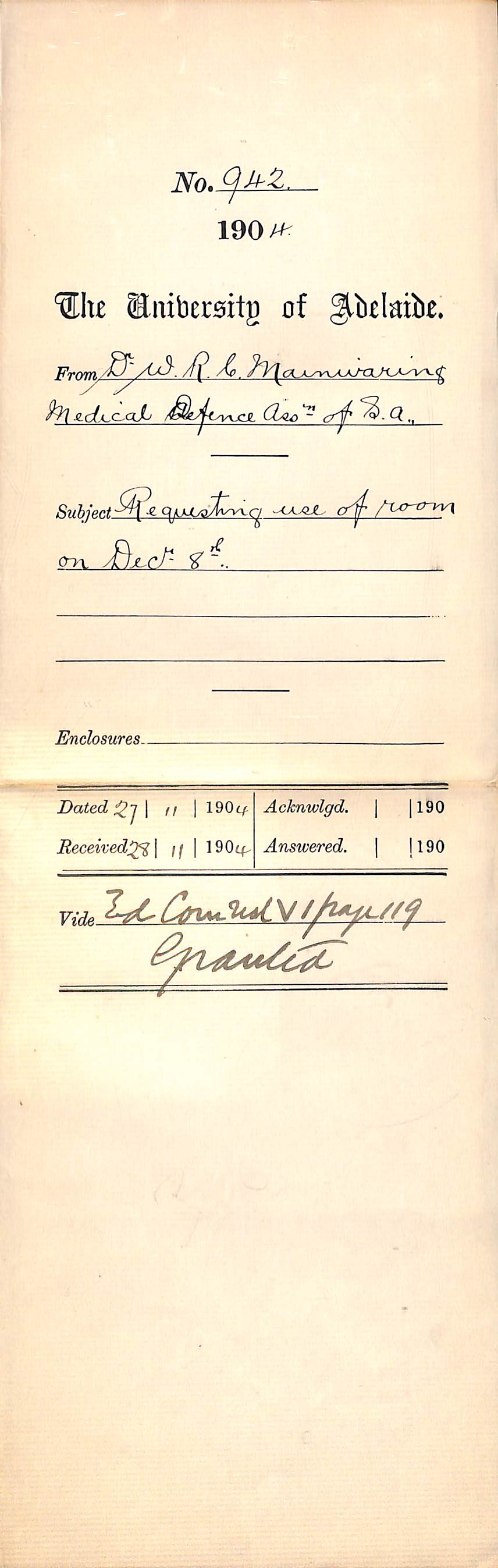 Requesting use of room on December 8th