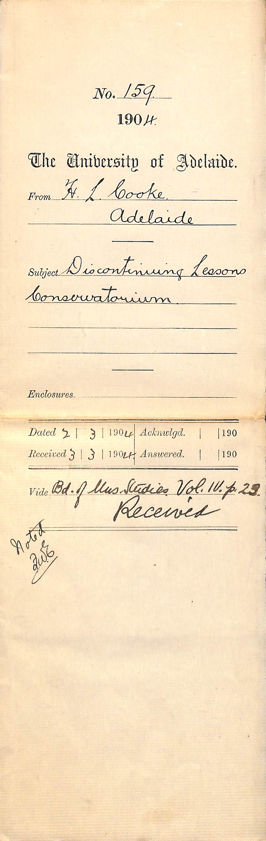 Discontinuing lessons at the Conservatorium - Cooke