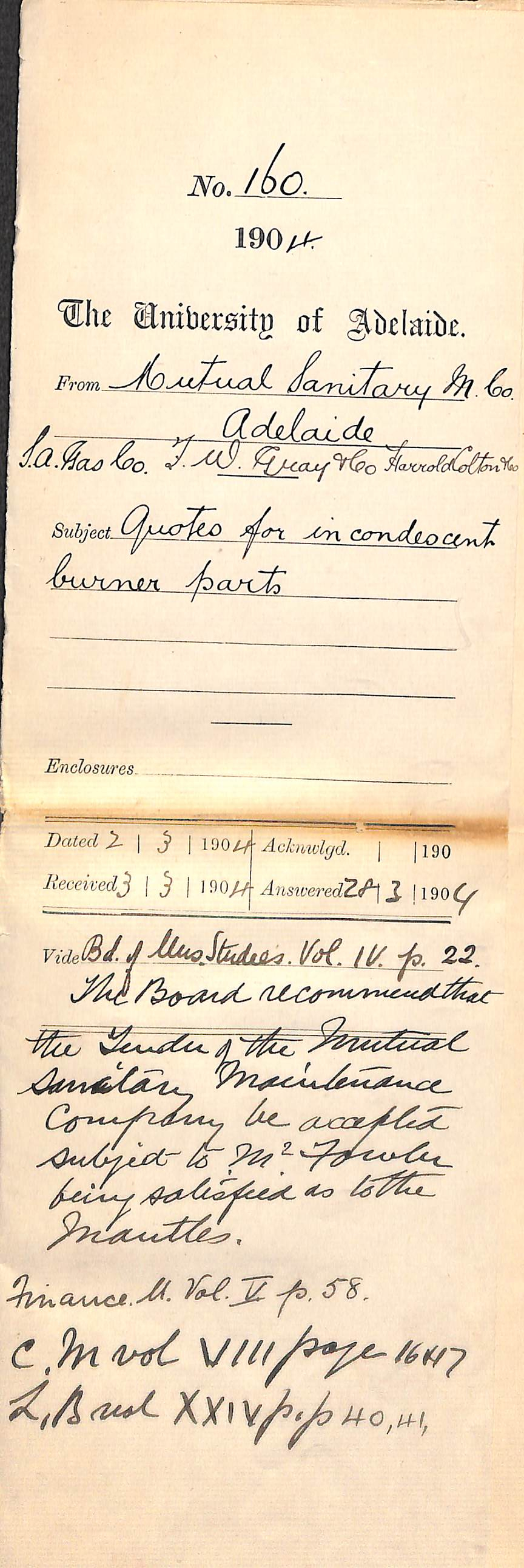 Mutual Sanitary Maintenance Co, SA Gas Co, F W Gray &amp; Co, Harrold Colton &amp; Co Ltd