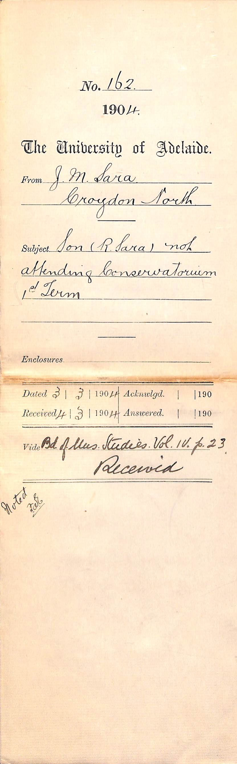 Son (R Sara) not attending Conservatorium 1st term