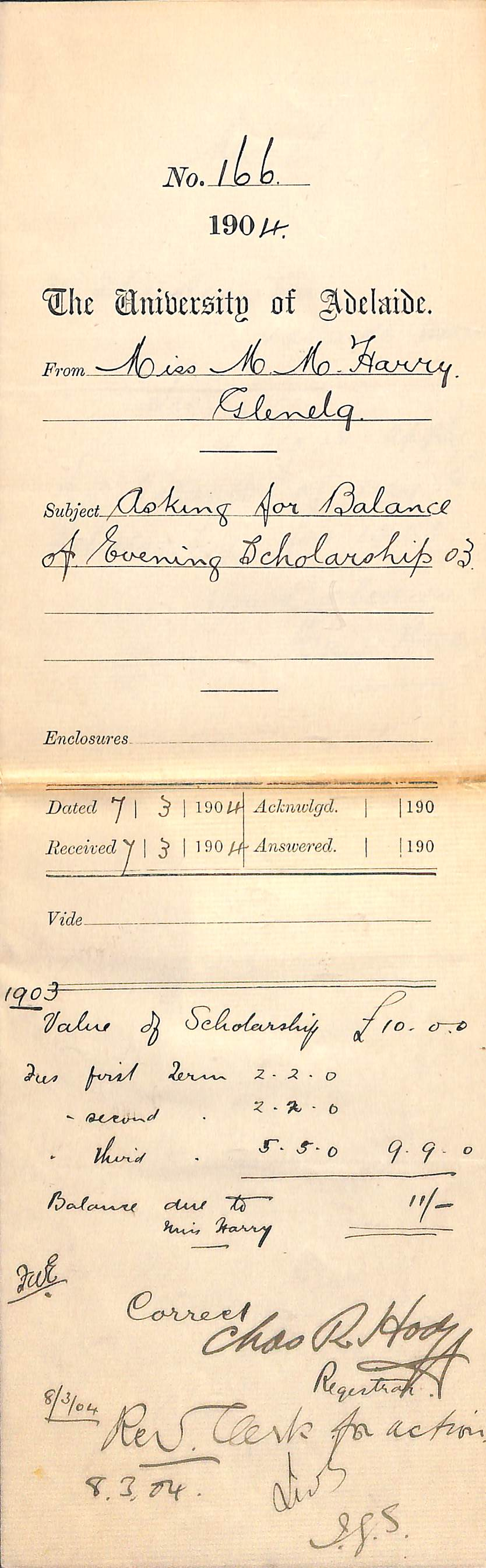 Asking for balance of Evening Scholarship for 1903