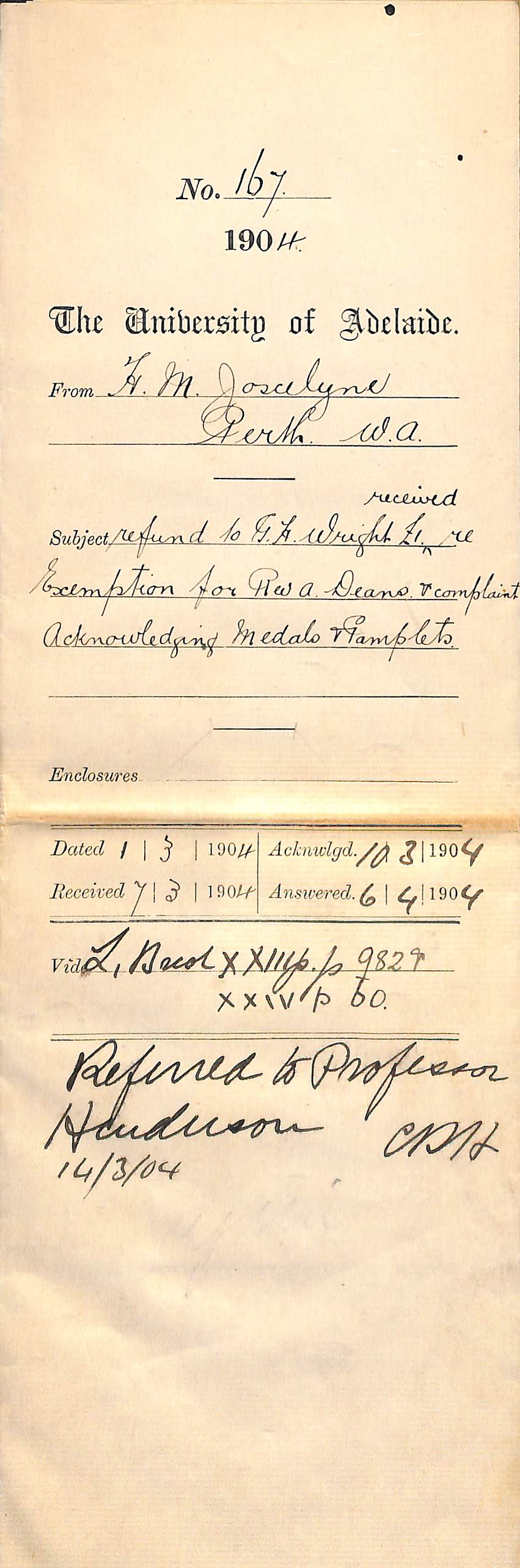 Refund, G H Wright. Exemption, Rev A Deans &amp; complaint. Medals