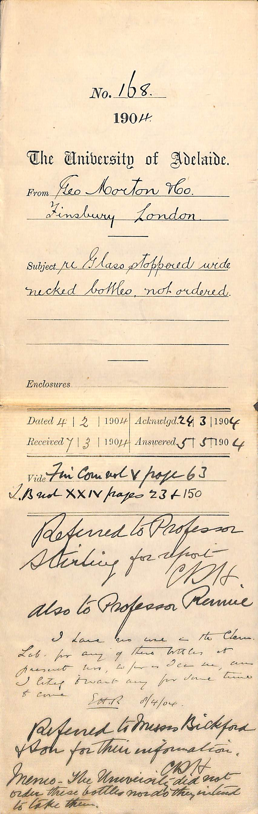 Re glass stoppered wide necked bottles not ordered