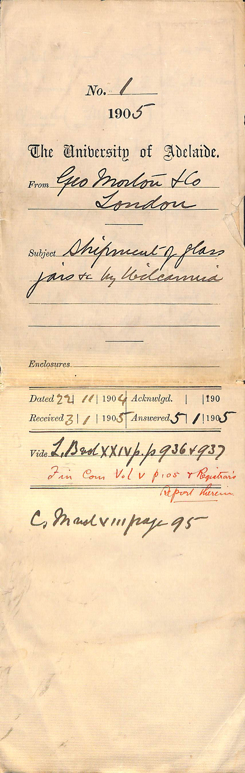 Shipment of glass jars by S S Wilcannia