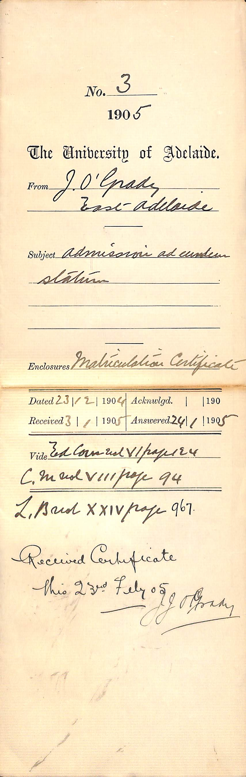 Admission ad eundem statum - O'Grady