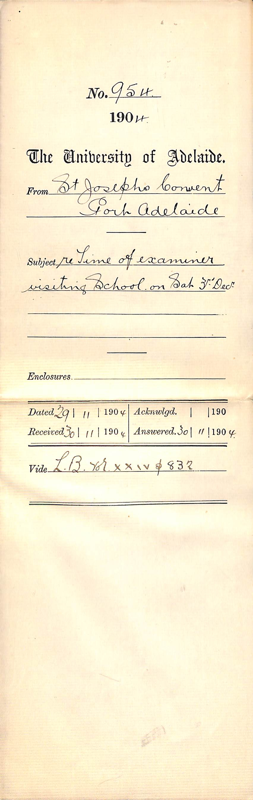 Re Time of Examiner visiting School on Saturday 3rd December