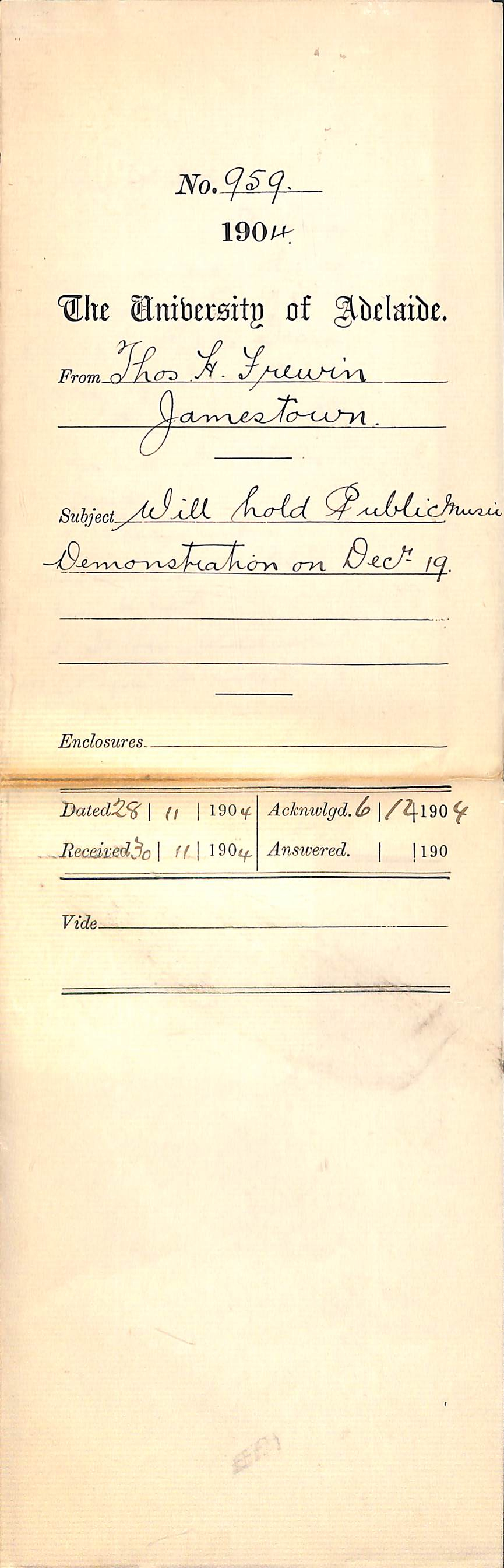 Will hold Public Music Demonstration on December 19