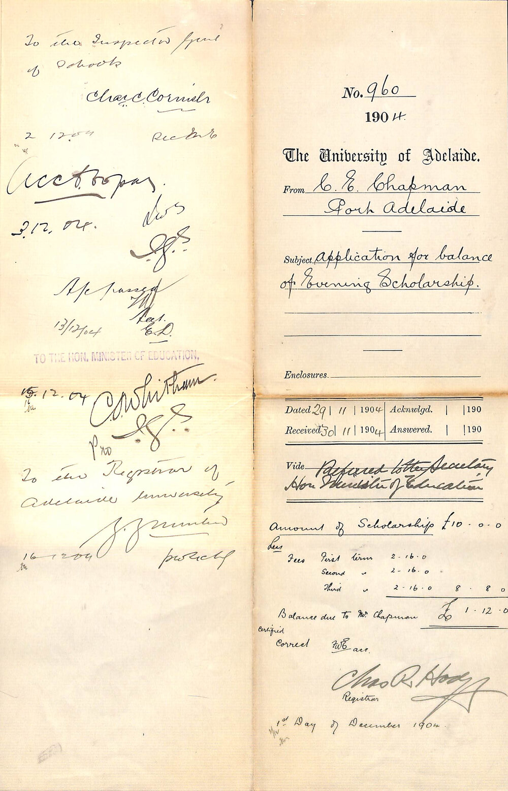 Application for balance of Evening Scholarship