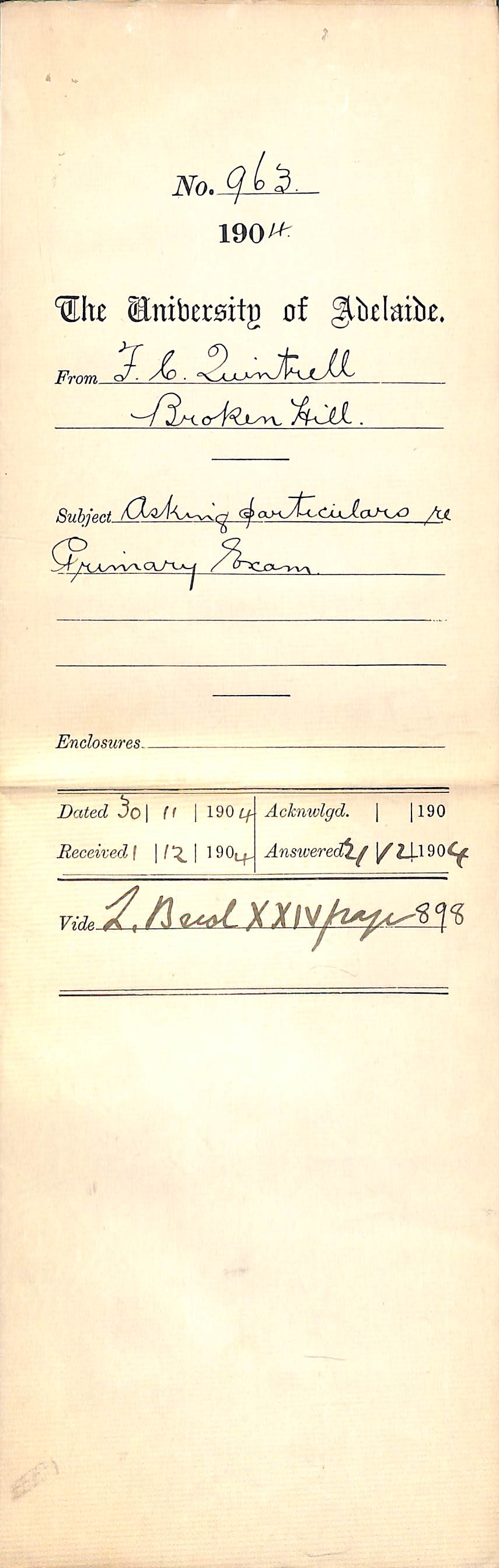 Asking particulars re Primary Exam