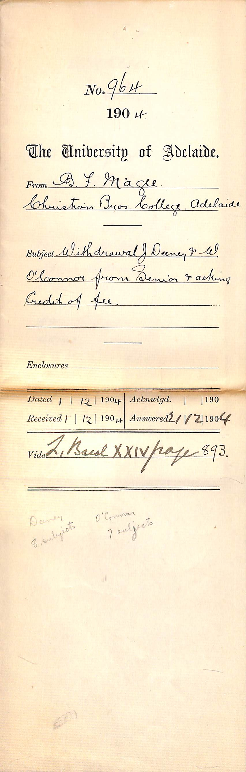 Withdrawal of Deeney and W O'Connor from Senior and asking Credit of Fee